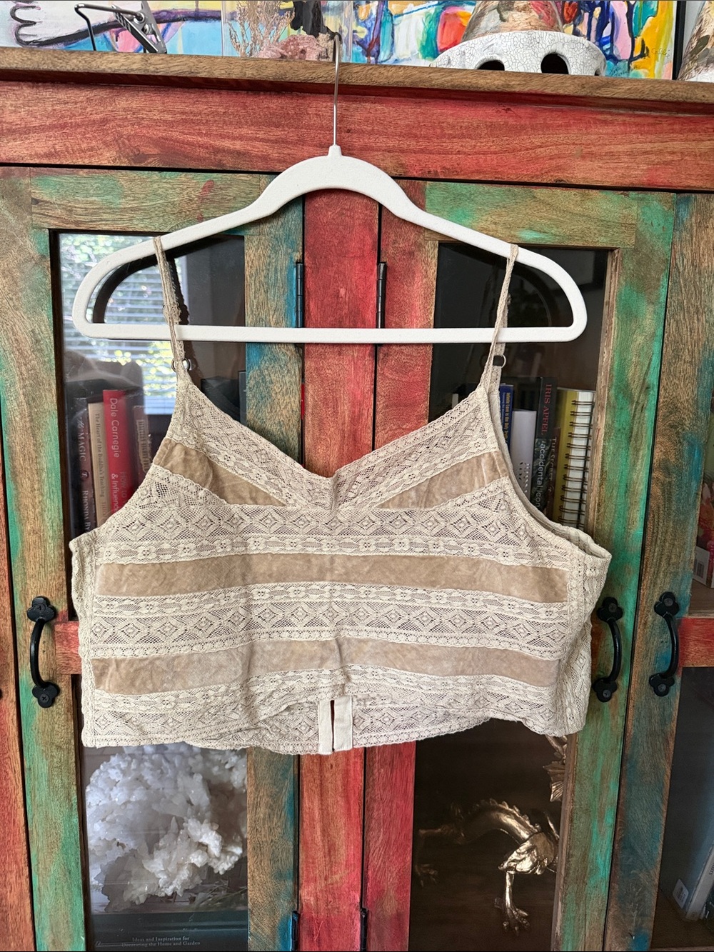 Magnolia Pearl Boho Lace Striped Cropped Cami Top - Cream & Tan